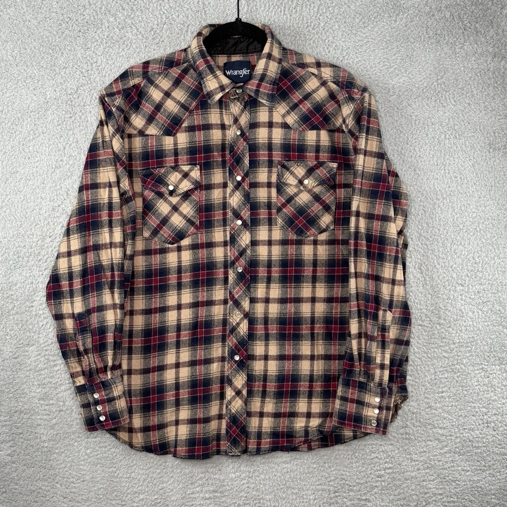 Wrangler Heavy Flannel Plaid Pearl Snap Shirt Men's Size XL Blue Beige Pockets
